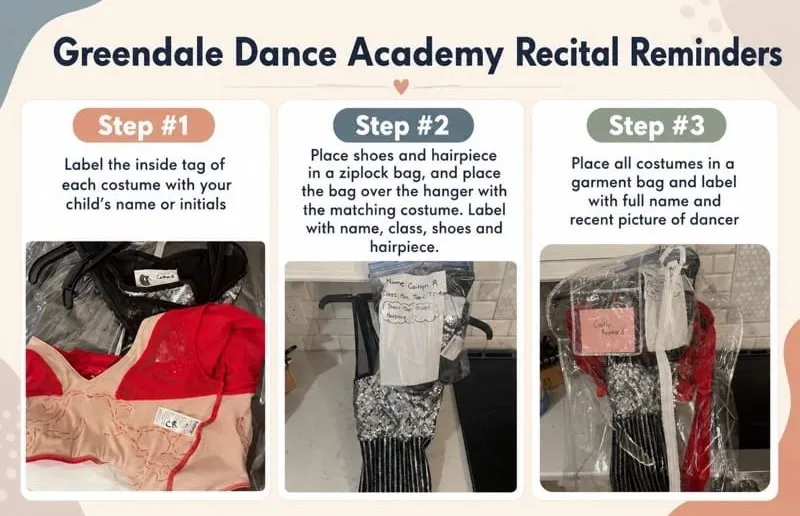 Greendale Dance Academy recital costume labeling reminders showing how to label costumes, shoes, hairpieces, and garment bags.